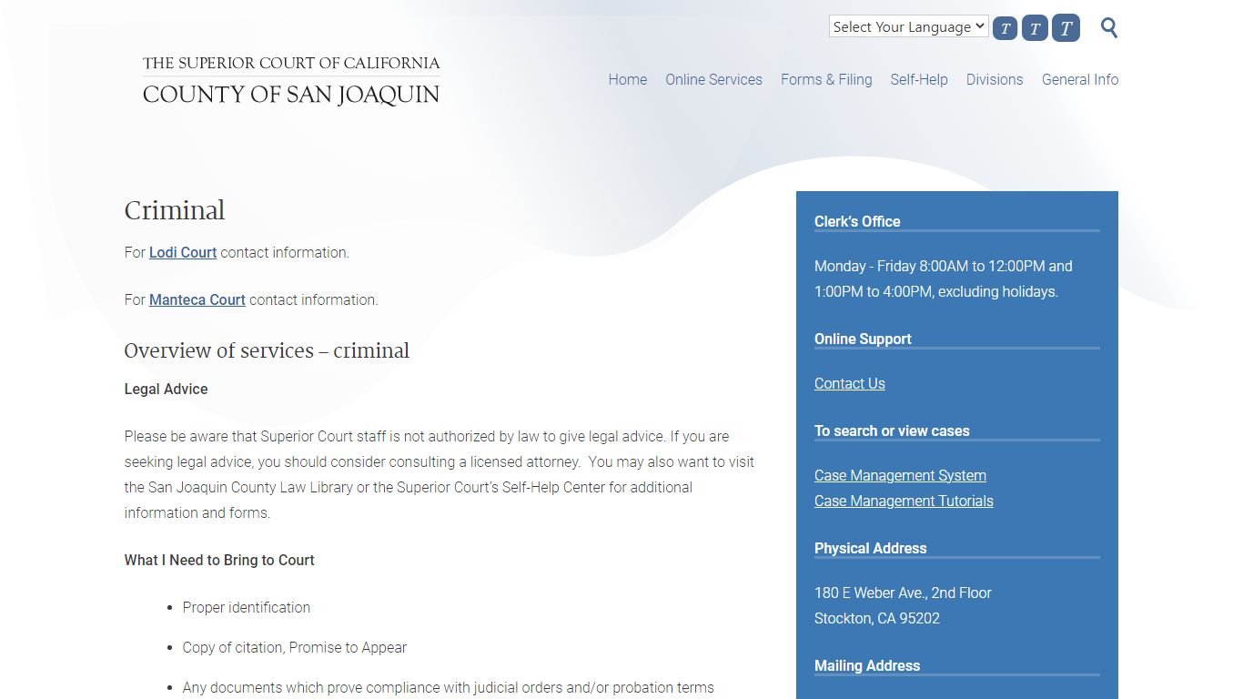 Criminal – Superior Court of CA – County of San Joaquin